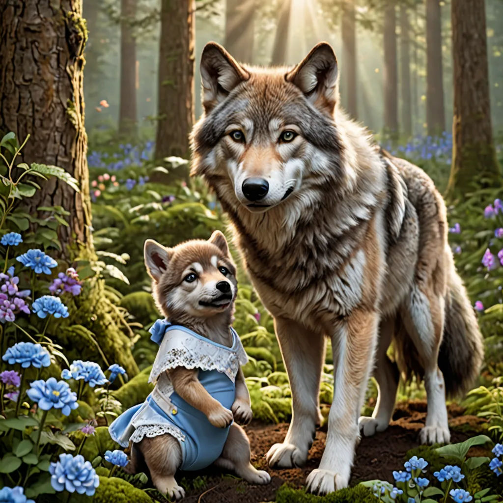 a wolf and a dog in a forest with blue flowers and trees in the background, with a sunbeam, furry art, a storybook illustration, Chris LaBrooy, official art