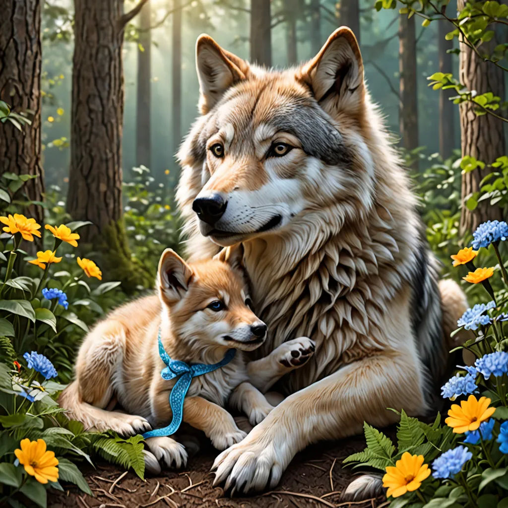 a painting of a wolf and her cub in a forest with flowers and trees in the background, with sunlight shining through the trees, furry art, a storybook illustration, Chris LaBrooy, highly detailed digital painting