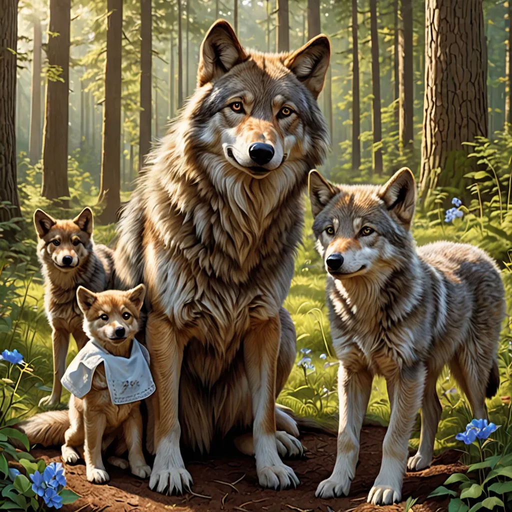 a painting of three wolfs in a forest with blue flowers and trees in the background, with a baby in the foreground, furry art, an oil painting, Chris LaBrooy, official art