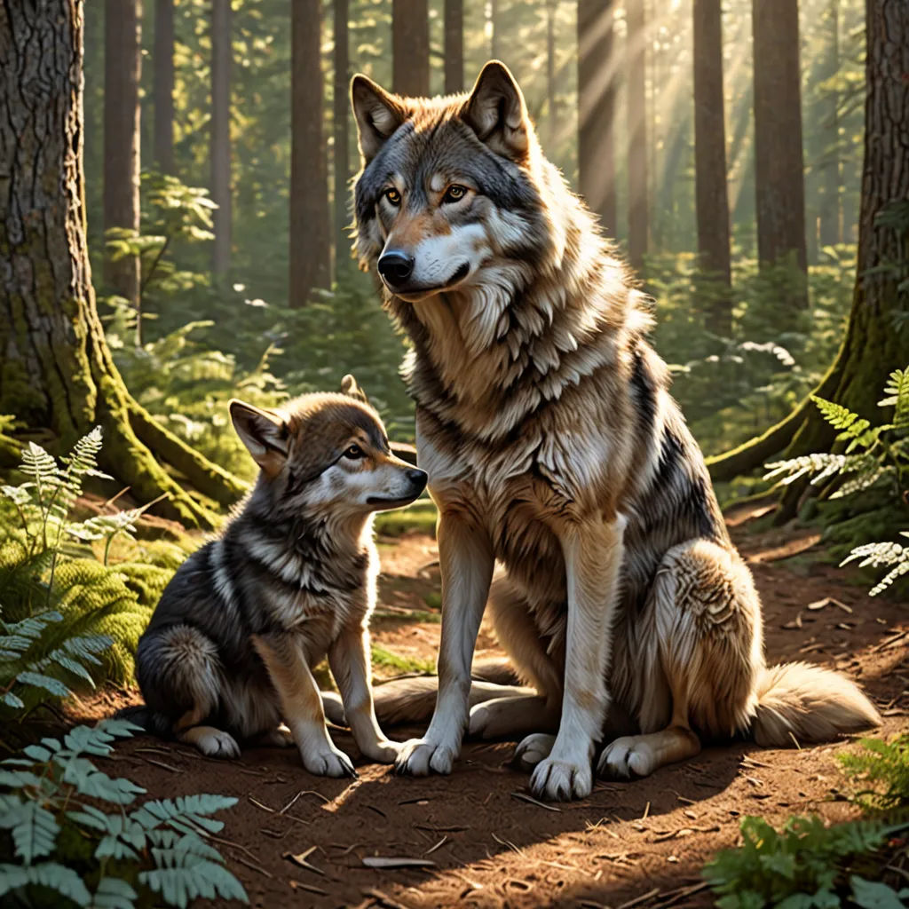 a couple of dogs sitting on top of a forest floor next to a forest filled with trees and ferns, furry art, a stock photo, Caspar Wolf, promotional image
