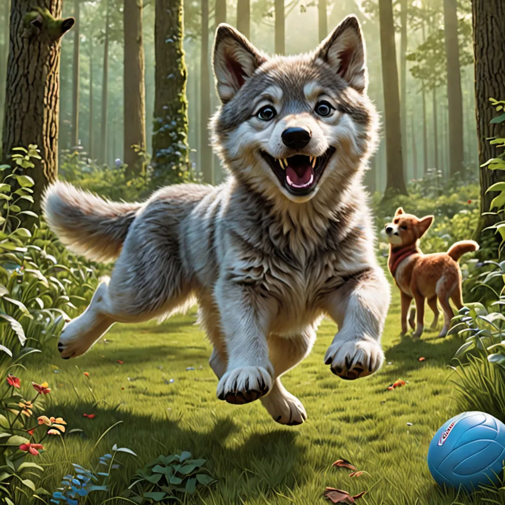 a dog running through a forest with a ball in the foreground and a dog in the background, with a forest scene in the background, furry art, a storybook illustration, Chris LaBrooy, key art