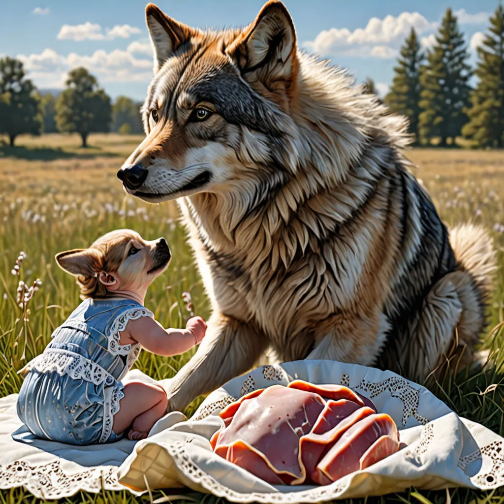 a baby and a wolf sitting on a blanket in a field of grass with a baby looking at a large wolf, art photography, a storybook illustration, Chris LaBrooy, award - winning photography