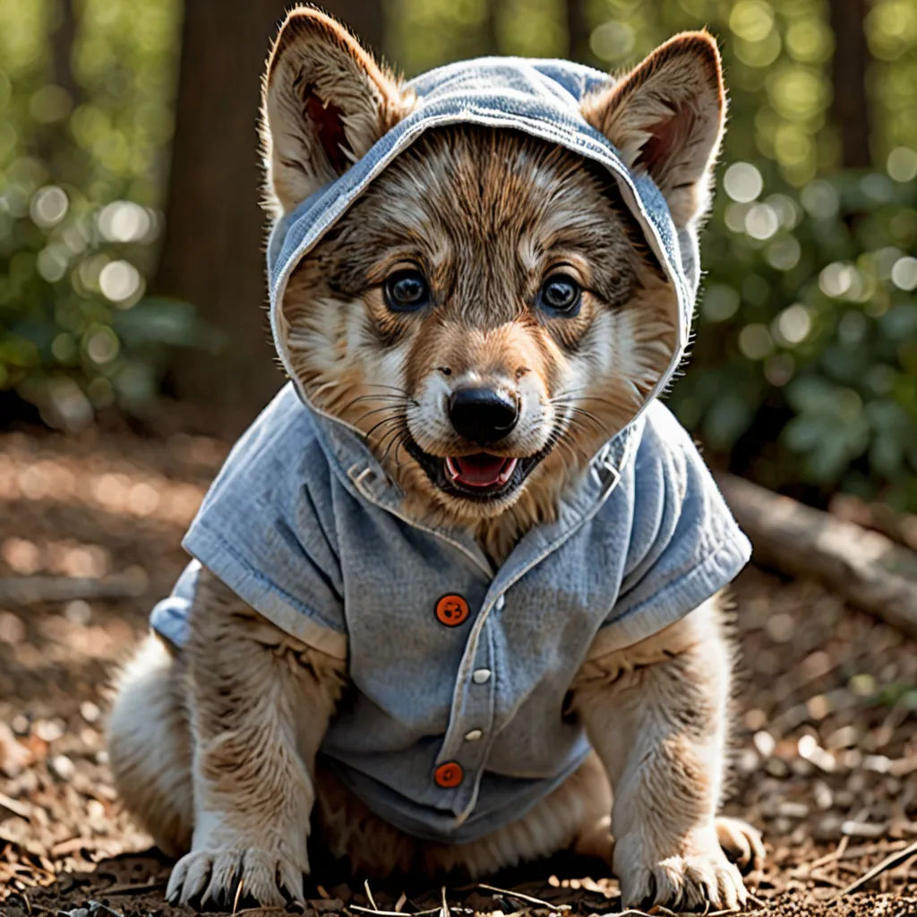 a small dog wearing a hoodie in the woods with trees in the background and leaves on the ground, furry art, a colorized photo, Elke Vogelsang, cute and adorable