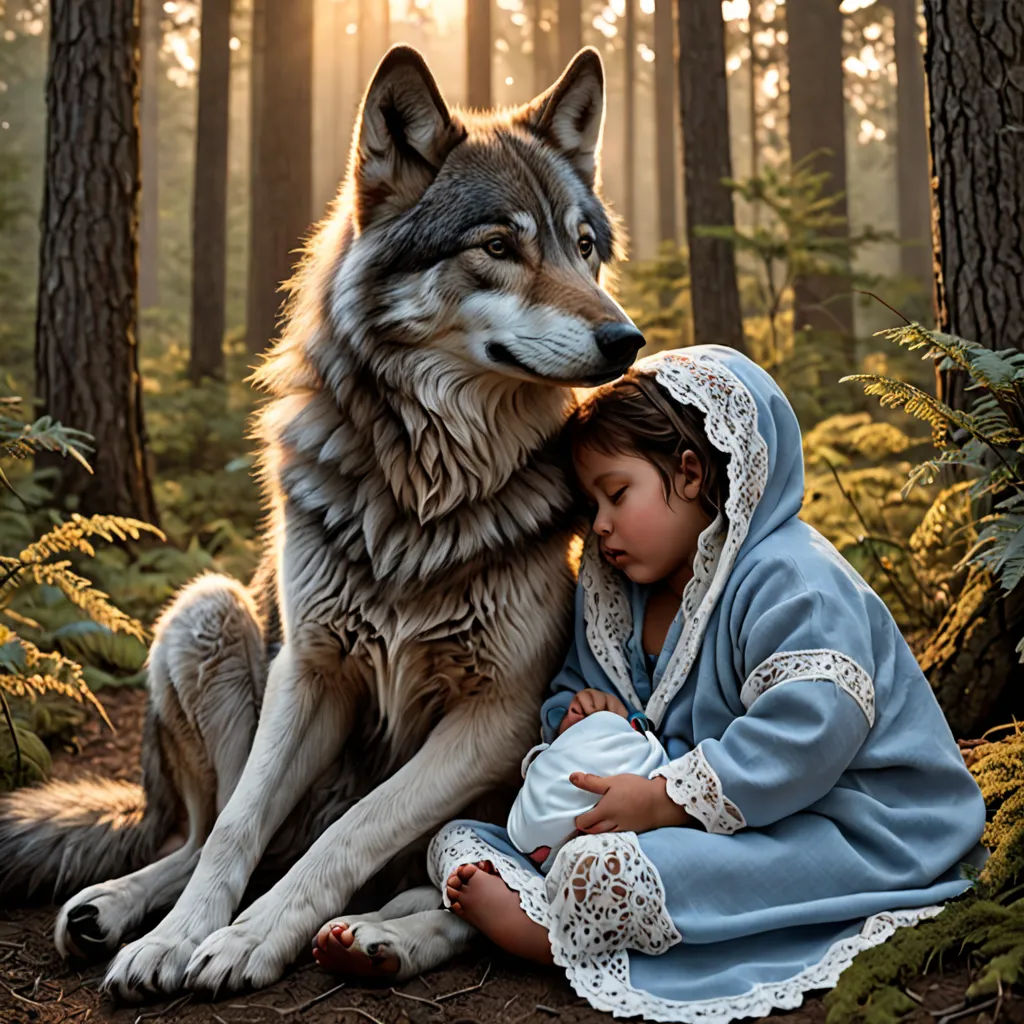 a young girl sitting next to a wolf in the woods with a baby in her lap and a wolf in the background, neo-romanticism, a storybook illustration, Caspar Wolf, award-winning photograph