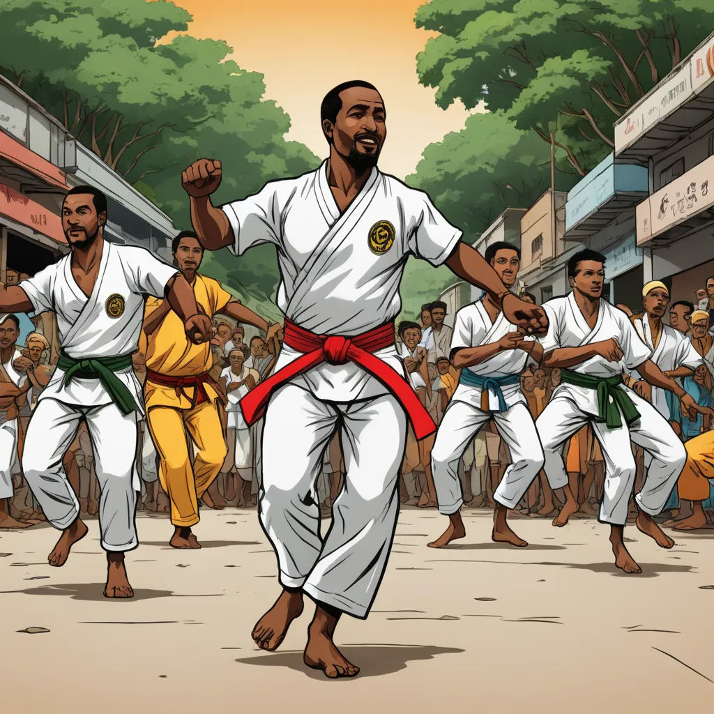 a man in a karate stance with others watching him in the background and a crowd of people in the background, black arts movement, a comic book panel, Ella Guru, graphic novel