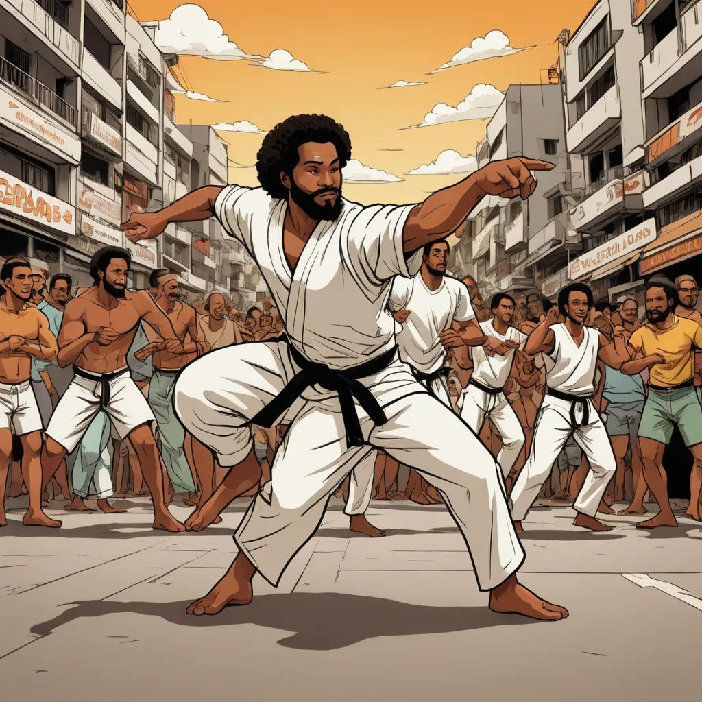 a man in a white karate outfit is doing a kick in front of a crowd of people in a city, afrofuturism, a comic book panel, Asaf Hanuka, laurie greasley