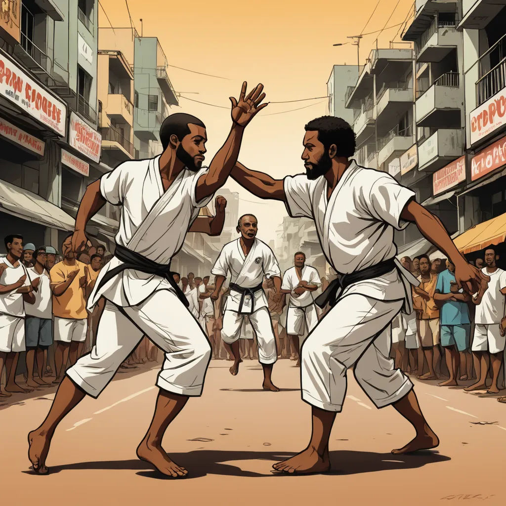 two men in white uniforms are fighting in a street with a crowd of people watching them from the sidelines, black arts movement, a comic book panel, Asaf Hanuka, graphic novel