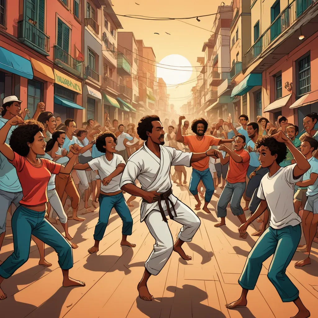 a group of people dancing in a street with buildings in the background and a man in a white shirt, afrofuturism, a comic book panel, Asaf Hanuka, graphic novel