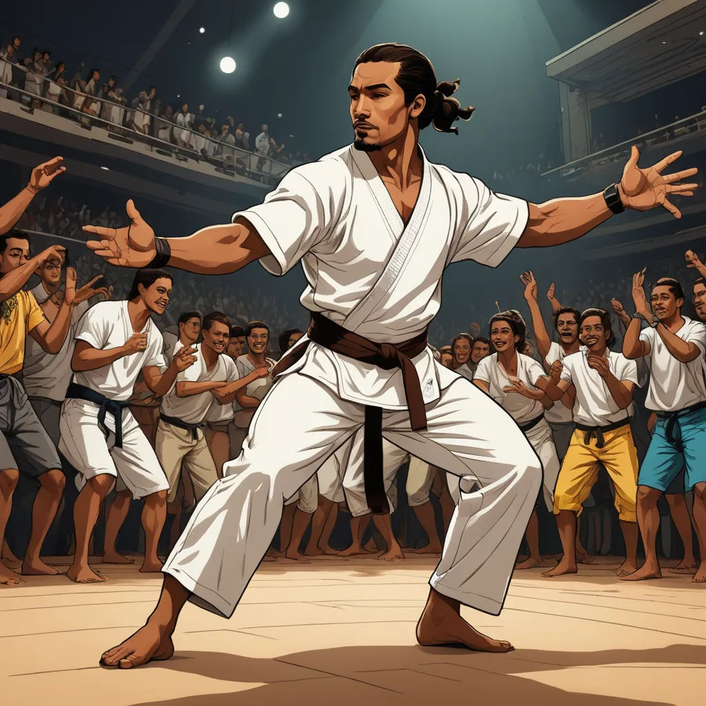 a man in a white shirt and black belt is doing karate in front of a crowd of people in white shirts, neogeo, a comic book panel, Fabien Charuau, official art
