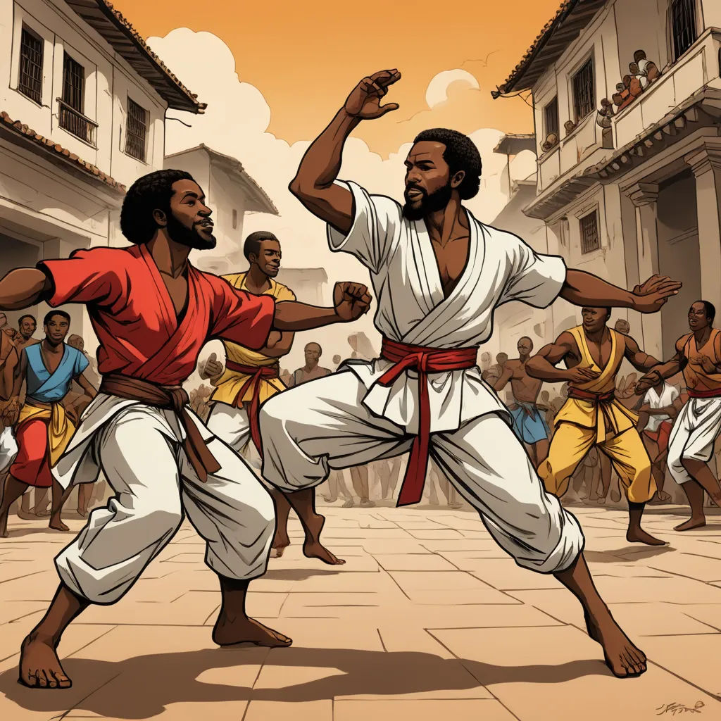 a painting of two men in a street fighting with each other with a crowd watching them from the sidelines, black arts movement, a comic book panel, Chinwe Chukwuogo-Roy, comic cover art