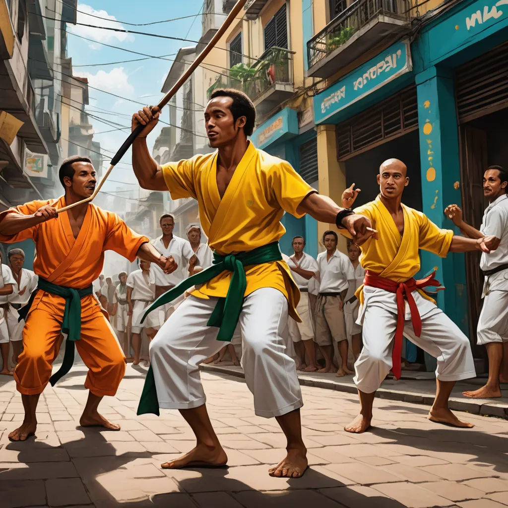 a group of men in yellow and white outfits are performing a martial dance on a city street with people in the background, photorealism, a digital painting, Clint Cearley, stanley artgerm lau