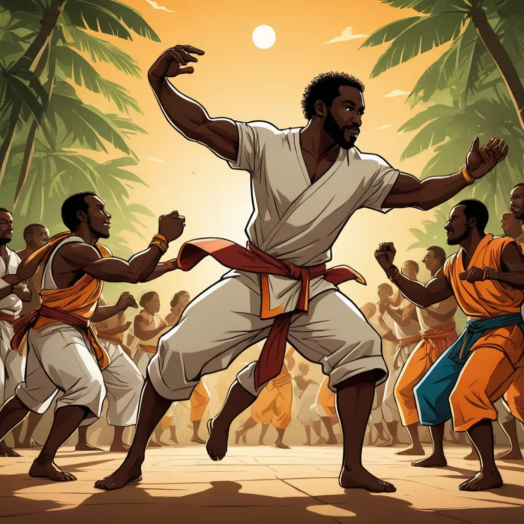 a man in a white outfit is dancing with other men in orange and blue outfits and trees in the background, afrofuturism, a storybook illustration, Chinwe Chukwuogo-Roy, comic cover art