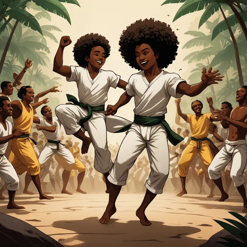 a couple of people that are dancing in the dirt together with trees in the background and people in the background, afrofuturism, a storybook illustration, Ella Guru, official art