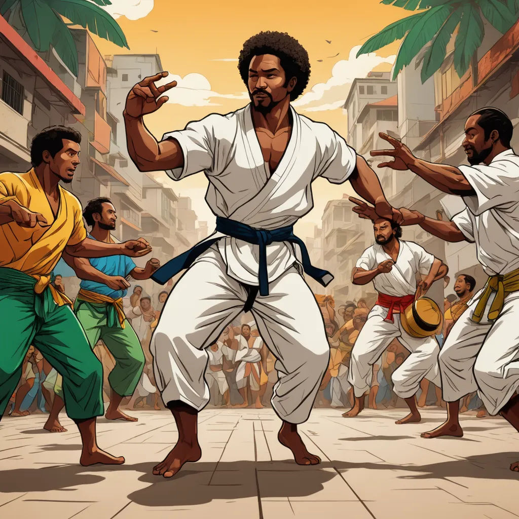 a group of men in white and green outfits are performing a karate move in front of a crowd of people, black arts movement, a comic book panel, Asaf Hanuka, action pose