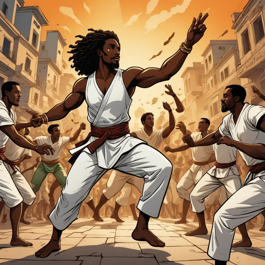 a group of men in white outfits are dancing in a street with a crowd of people behind them and a man in white, afrofuturism, a comic book panel, Cedric Seaut (Keos Masons), graphic novel