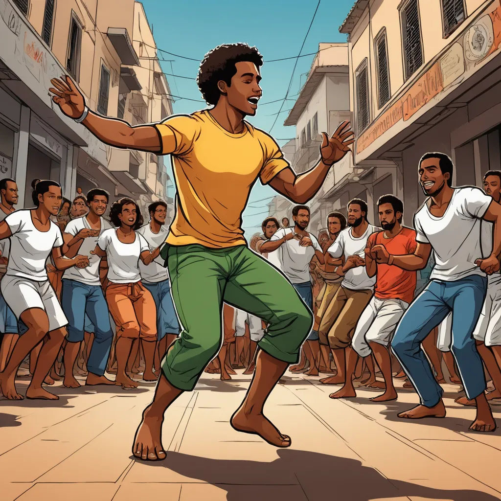 a man is dancing in front of a crowd of people in a street with a yellow shirt and green pants, afrofuturism, a comic book panel, Asaf Hanuka, graphic novel
