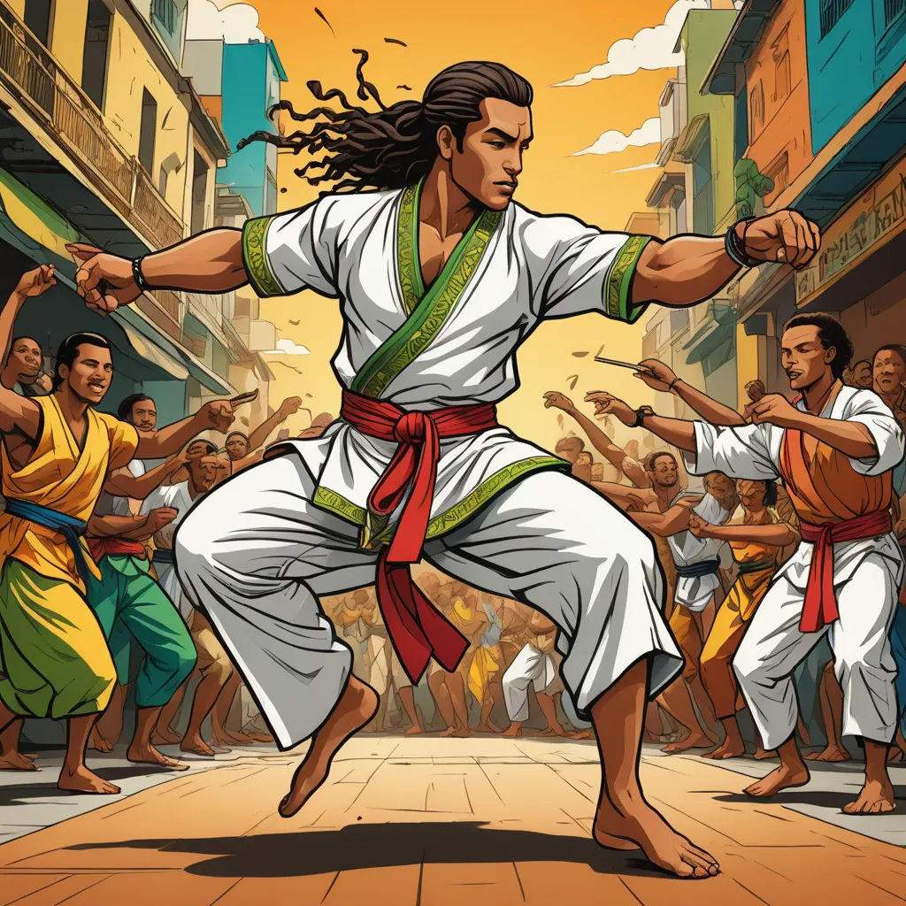 a man in a white outfit is doing karate in front of a crowd of people in a city street, hurufiyya, a comic book panel, Altoon Sultan, comic cover art