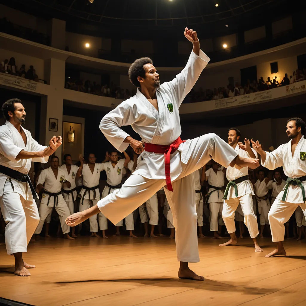 a group of people in a room with a man doing karate moves with others watching from the audience behind, black arts movement, a character portrait, Americo Makk, dynamic pose