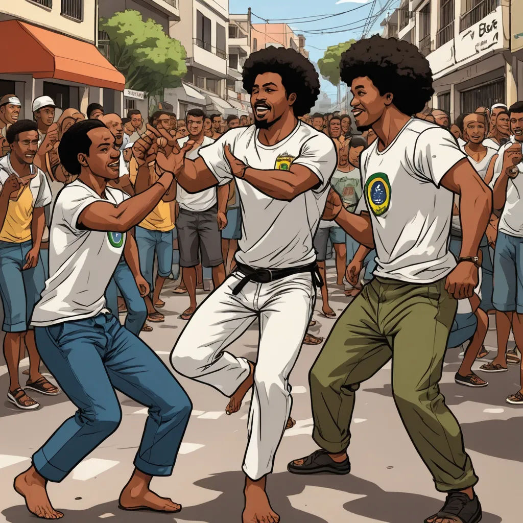 a group of men dancing in a street with a crowd watching them in the background and a man in the foreground, afrofuturism, a comic book panel, Afewerk Tekle, comic cover art