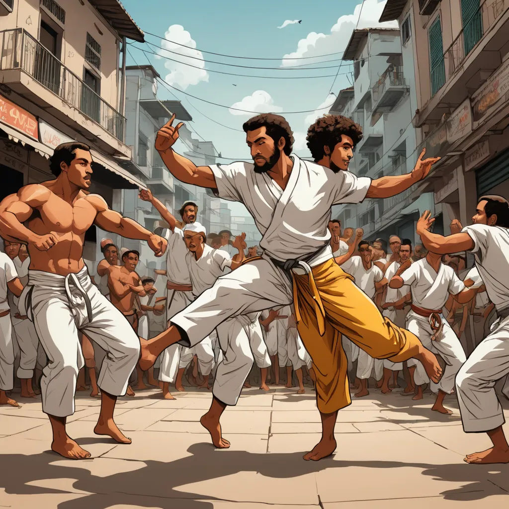 a group of men in white and yellow outfits doing karate moves in front of a crowd of people in white and yellow outfits, hurufiyya, a comic book panel, Altoon Sultan, action scene