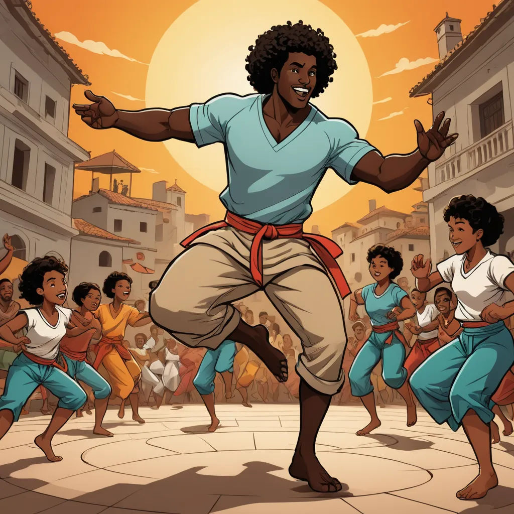 a cartoon of a man in a white shirt and blue pants dancing with other people in the background and a sun setting, afrofuturism, a storybook illustration, Cedric Seaut (Keos Masons), comic cover art