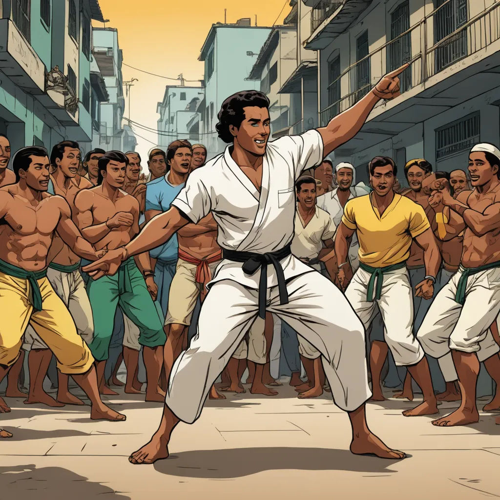 a man in a karate stance in front of a crowd of people in a street with buildings and buildings, hurufiyya, a comic book panel, Altoon Sultan, action scene