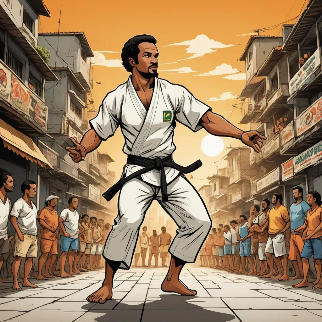 a man in a karate stance in front of a crowd of people in a city street with a yellow sky, afrofuturism, a comic book panel, Americo Makk, graphic novel