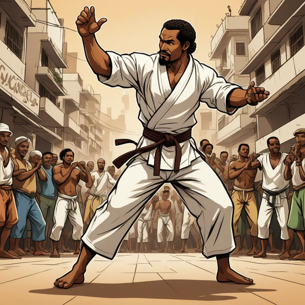 a man in a white robe is doing karate in front of a crowd of people in a city street, black arts movement, a comic book panel, Ben Enwonwu, comic cover art