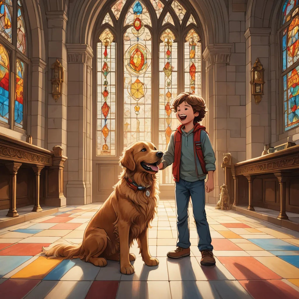 a boy and a dog in a church with stained glass windows and stained glass windows behind them, and a boy in a vest and jeans and a red vest, sots art, a storybook illustration, Diego Gisbert Llorens, storybook illustration