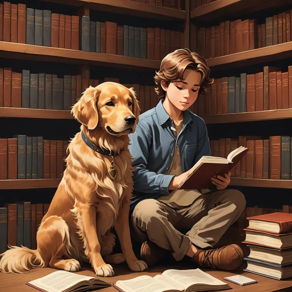 a boy and a dog are sitting in front of a bookcase and reading a book together, with a dog sitting next to them, fantasy art, a storybook illustration, Aaron Jasinski, storybook illustration