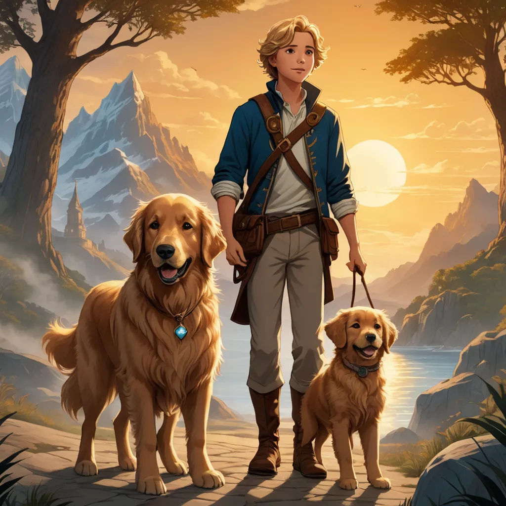 a boy and two dogs standing in front of a mountain landscape with a sunset behind them and a person holding a leash, fantasy art, a storybook illustration, Aaron Jasinski, kinkade