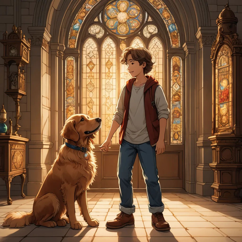 a boy and his dog are standing in a church with stained glass windows and a stained glass window behind them, sots art, a storybook illustration, Diego Gisbert Llorens, official art