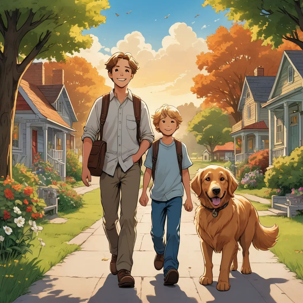 a man and a boy walking down a sidewalk with a dog on a leash behind them, with houses in the background, american scene painting, a comic book panel, Brothers Hildebrandt, kinkade