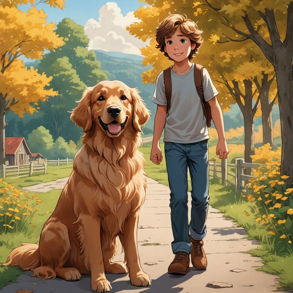 a boy and his dog are walking down a path in the park with a yellow tree in the background, furry art, a storybook illustration, Charles Schulz, official art