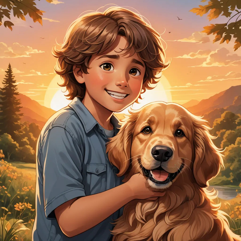 a boy holding a dog in a field of flowers with a sunset in the background and trees in the foreground, american scene painting, a storybook illustration, Aaron Jasinski, kinkade