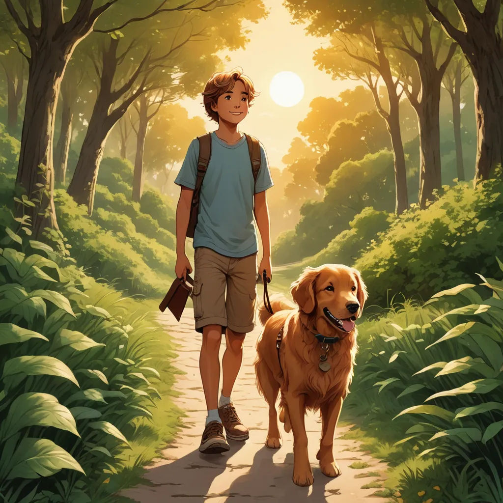 a boy and his dog are walking through the woods together, with the sun shining through the trees behind them, american scene painting, a storybook illustration, Aaron Jasinski, kinkade