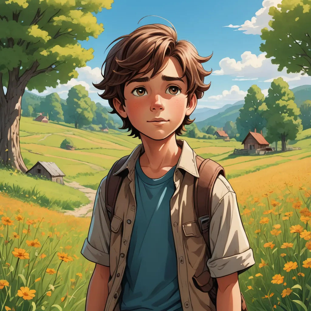 a boy standing in a field with a backpack on his back and a tree in the background with a house in the distance, american scene painting, a character portrait, Aaron Jasinski, rossdraws global illumination