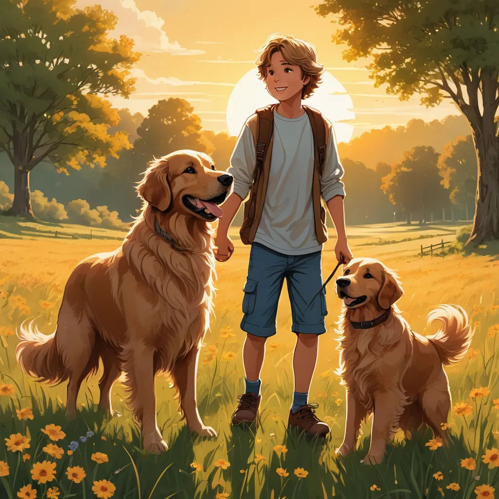 a boy and two dogs standing in a field of grass with trees in the background and a sun setting, american scene painting, a storybook illustration, Aaron Jasinski, kinkade