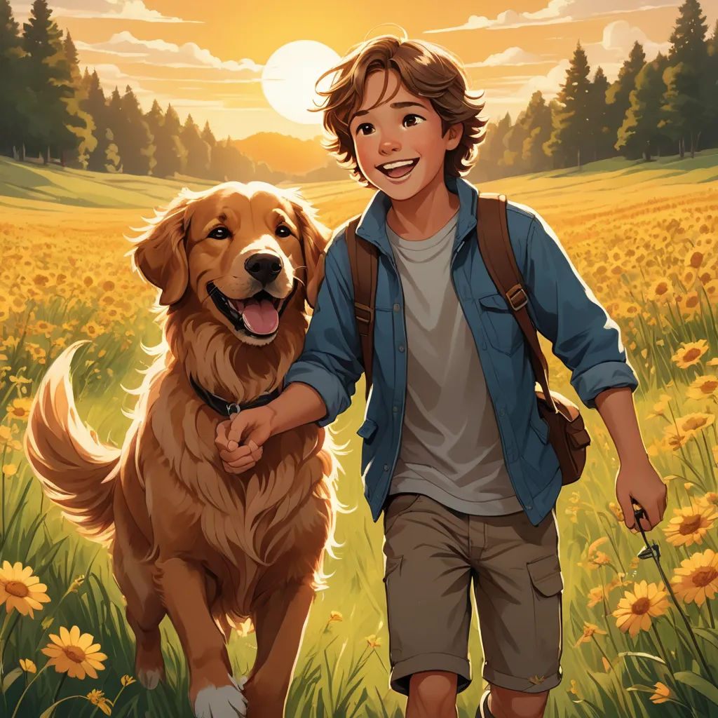 a boy and his dog are walking through a field of flowers with the sun in the background and a field of yellow flowers, furry art, a storybook illustration, Aaron Jasinski, comic cover art