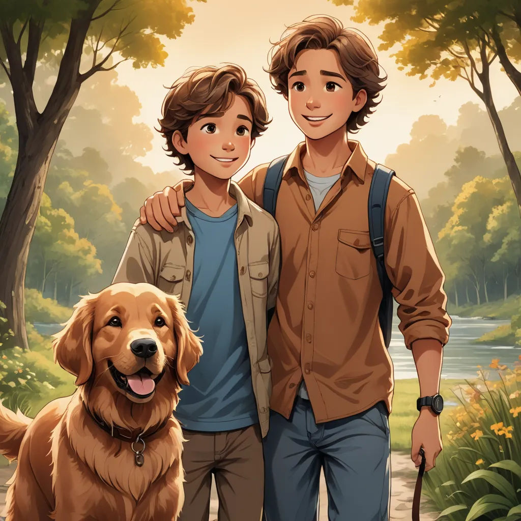 a couple of people standing next to a dog on a field of grass and trees with a river in the background, furry art, a storybook illustration, Brothers Hildebrandt, official art