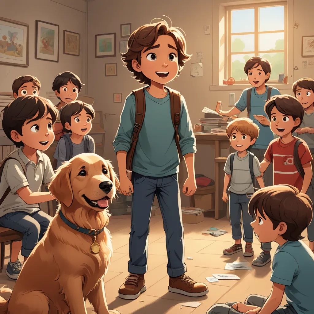a boy standing in front of a group of children and a dog in a room with a dog on the floor, paris school, a storybook illustration, Diego Gisbert Llorens, official art