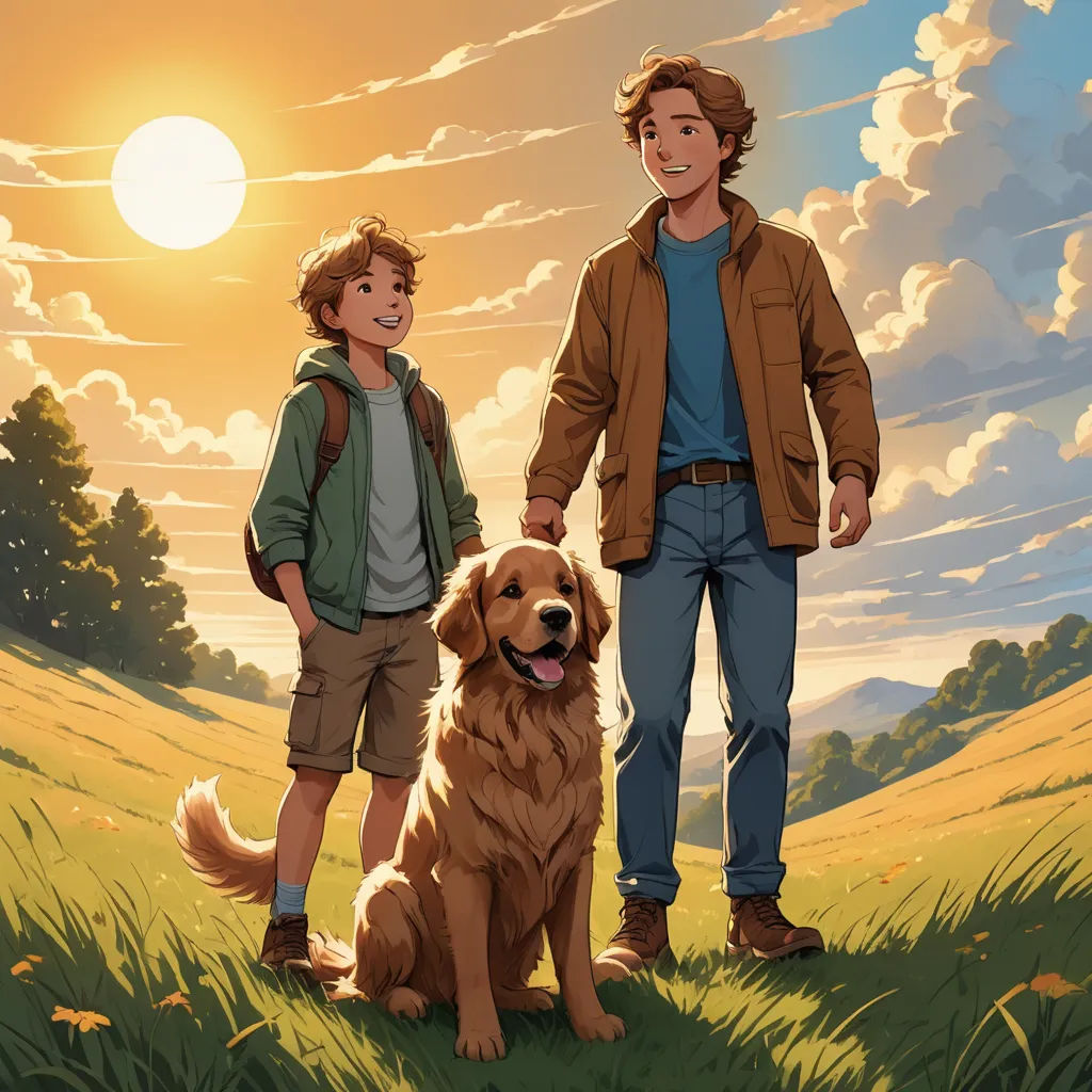 a man and a boy standing next to a dog on a field with a sunset in the background and clouds, american scene painting, a storybook illustration, Brothers Hildebrandt, official art