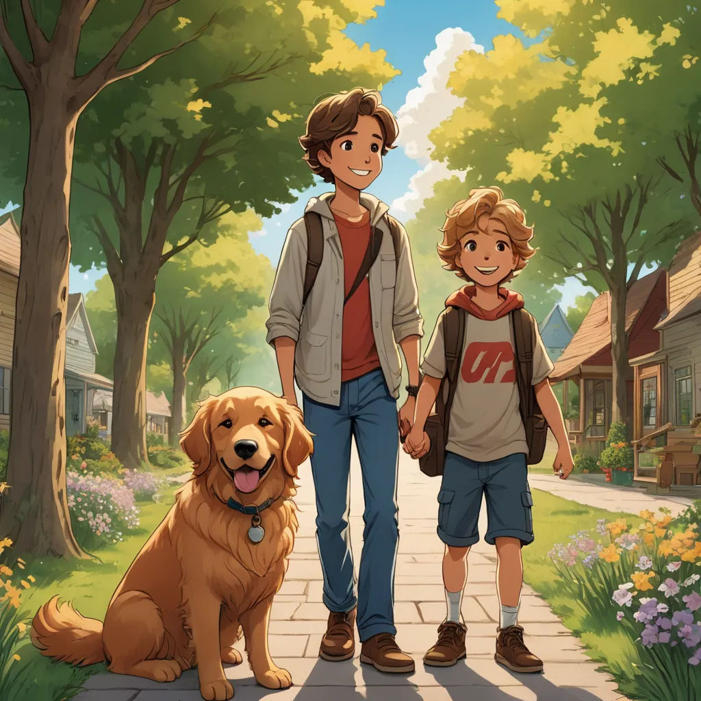 a boy and a boy walking a dog down a sidewalk in a neighborhood with houses and trees in the background, american scene painting, a storybook illustration, Brothers Hildebrandt, official art