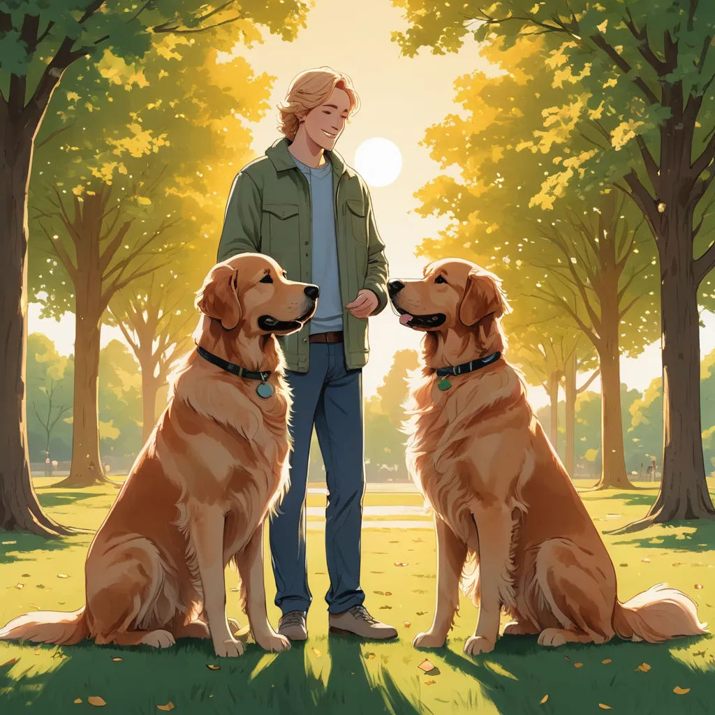 a man standing next to two dogs in a park with trees and grass in the background, with the sun shining on the ground, furry art, a comic book panel, Brothers Hildebrandt, official art