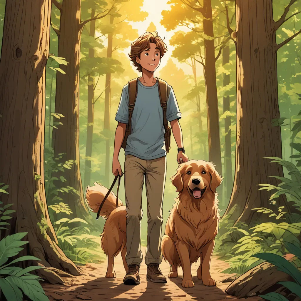 a man walking two dogs in a forest with sunlight shining through the trees behind him and a dog on a leash, furry art, a storybook illustration, Cedric Seaut (Keos Masons), official art