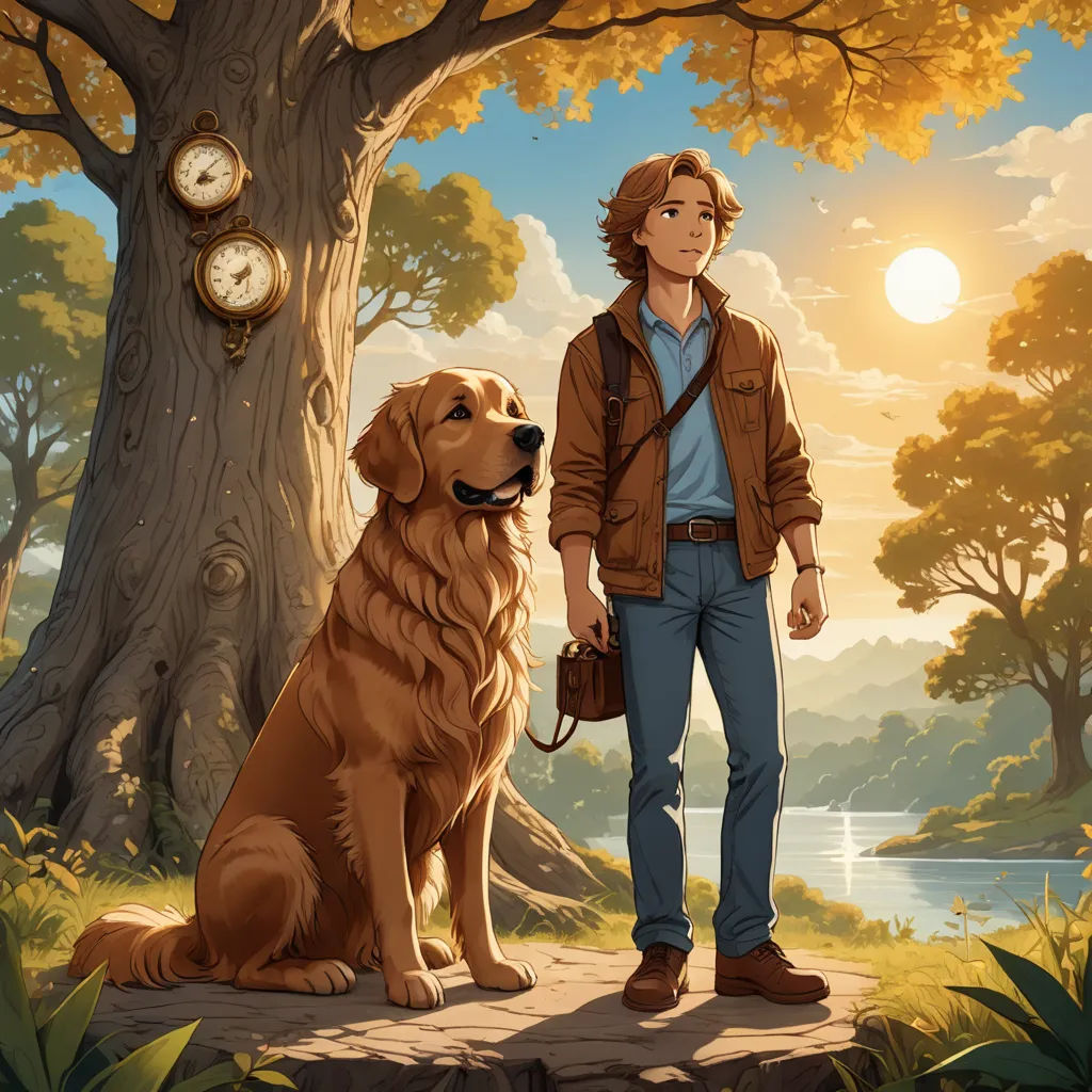 a man standing next to a dog in a forest with a clock in the background and a tree with leaves, magic realism, a storybook illustration, Brothers Hildebrandt, official art