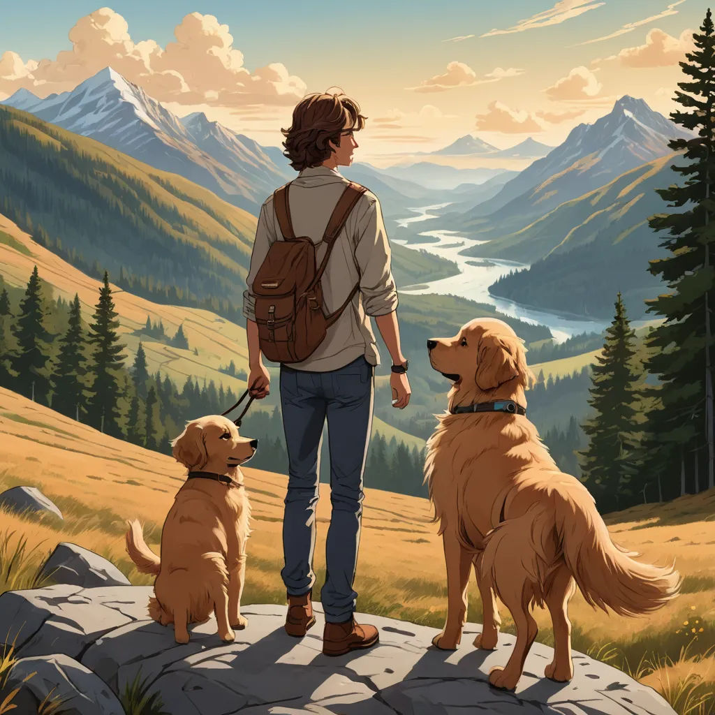 a person standing on a hill with two dogs looking at the mountains and a lake in the distance with a person standing on a rock, environmental art, a storybook illustration, Atey Ghailan, high detail illustration