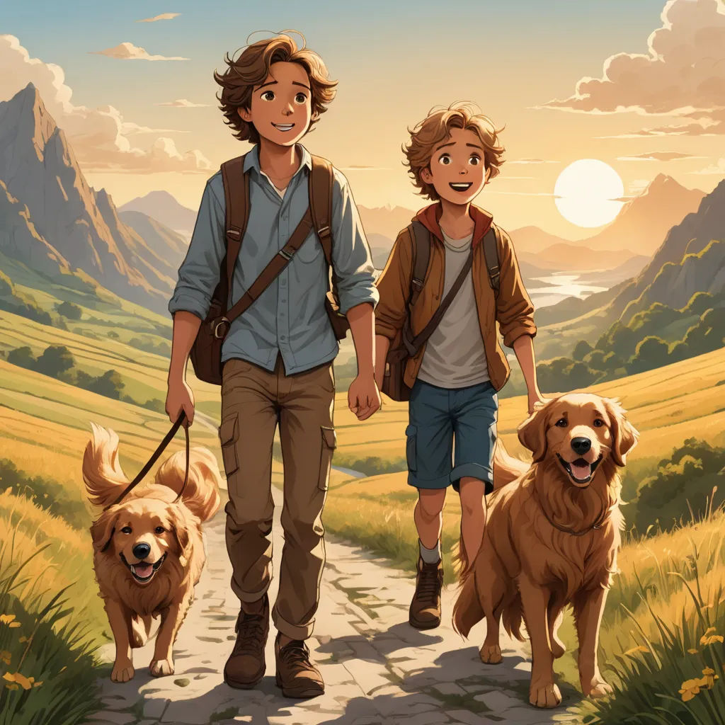 a boy and a girl walking two dogs on a path in the mountains with a sunset in the background, furry art, a storybook illustration, Brothers Hildebrandt, official art