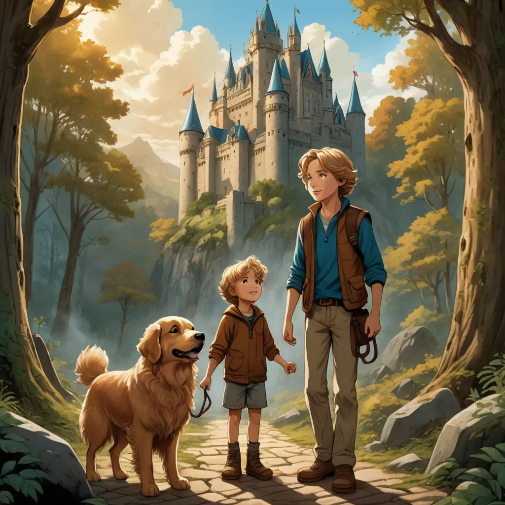 a boy and a boy with a dog in front of a castle with a castle in the background and a man holding a leash, fantasy art, a storybook illustration, Brothers Hildebrandt, kinkade