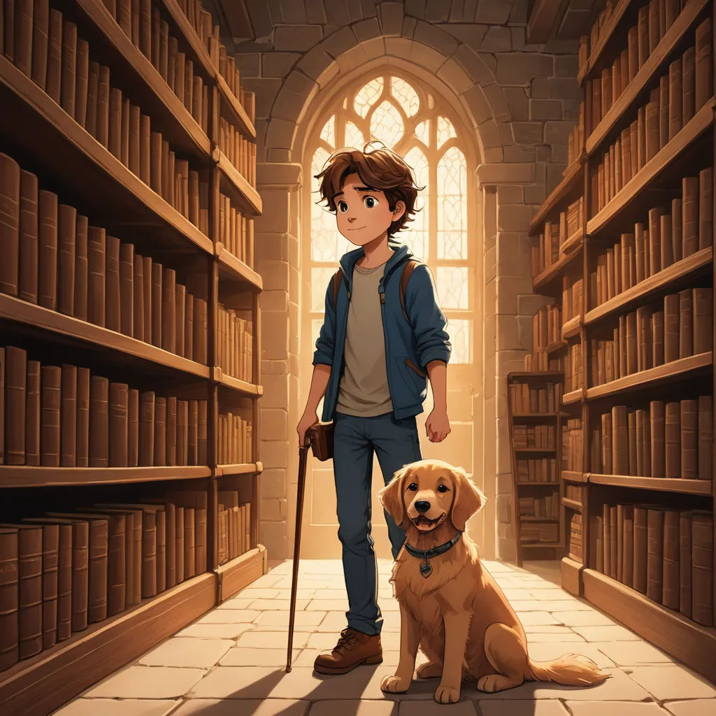 a boy and his dog in a library with bookshelves and a dog on a leash in front of them, fantasy art, a storybook illustration, Diego Gisbert Llorens, official art